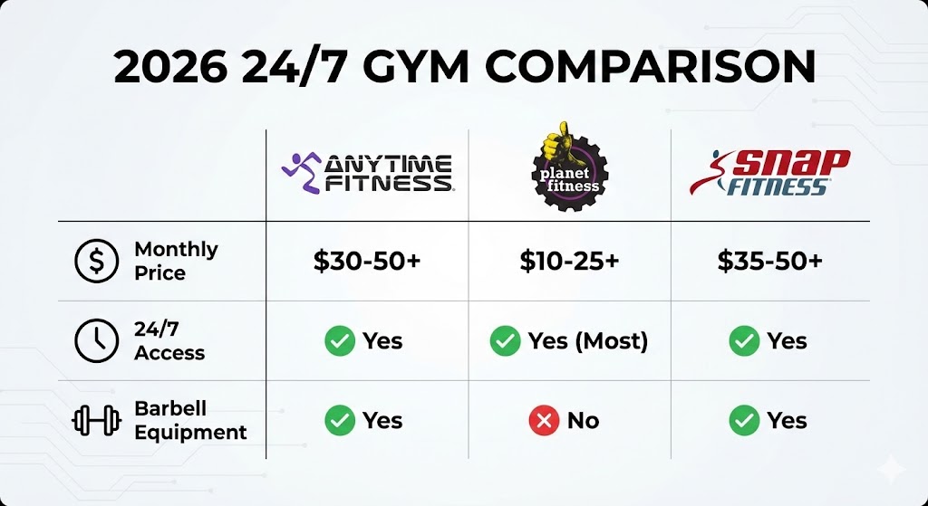 Anytime Fitness Prices 2026 (Updated): Comparison infographic of Anytime Fitness vs Planet Fitness vs Snap Fitness regarding Price, 24/7 Access, and Barbell equipment.