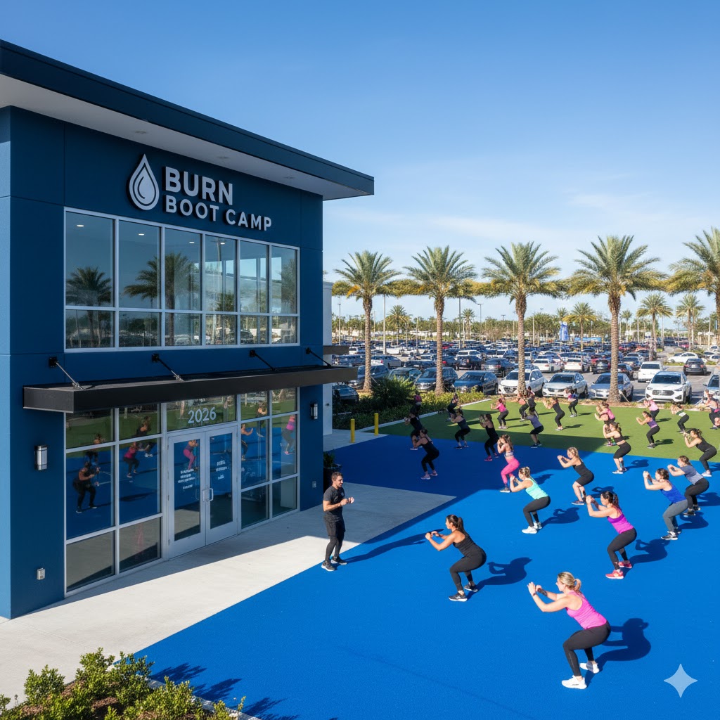 Burn Boot Camp Prices: Interior view of Burn Boot Camp showing the signature floating floor, blue walls, and members doing a group workout.