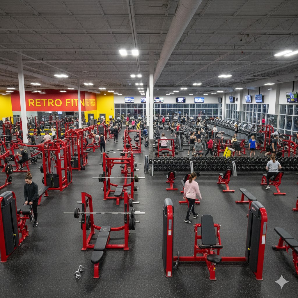 Retro Fitness Prices & Membership Cost: Interior view of Retro Fitness gym floor featuring red branded strength machines, free weights, and cardio equipment.