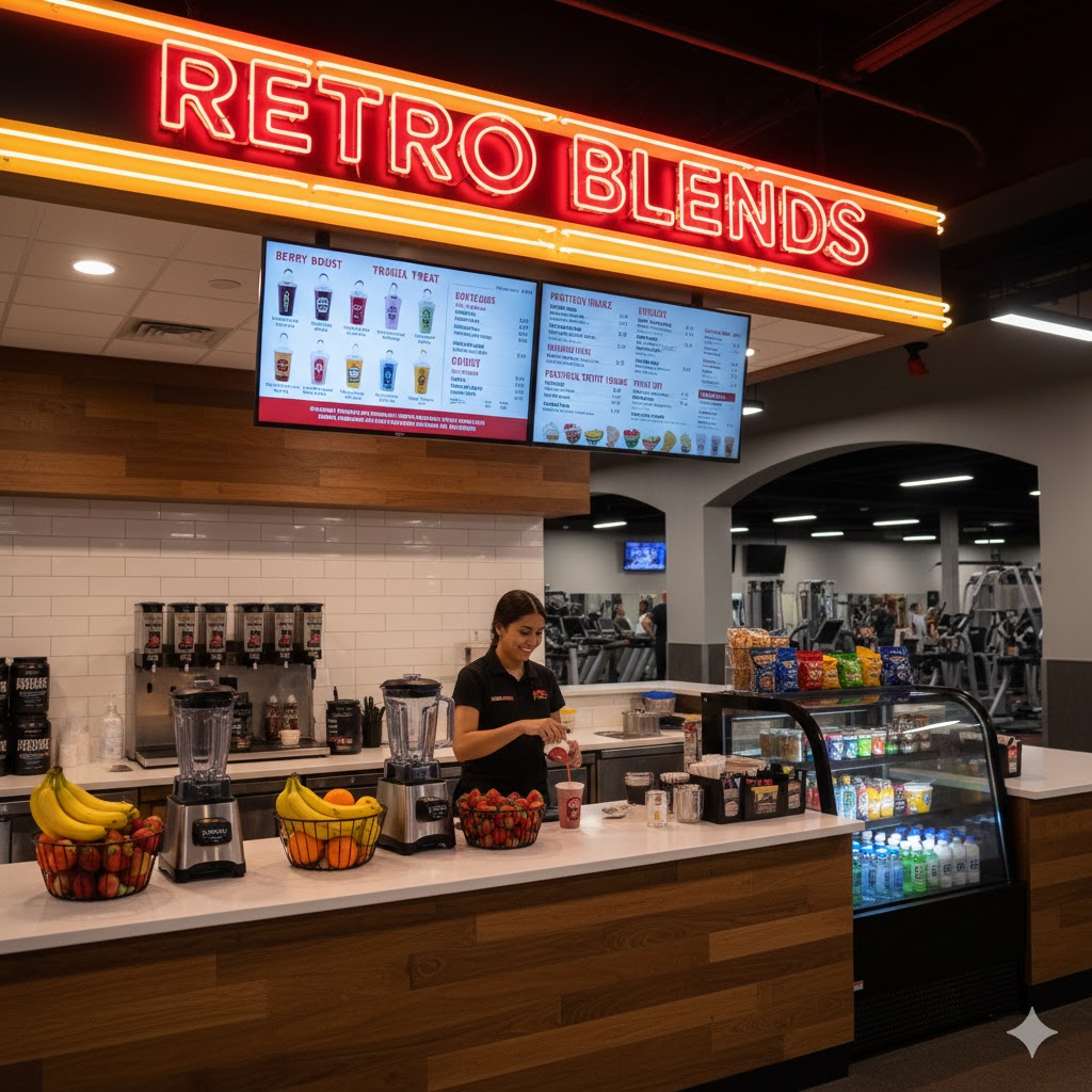 Retro Fitness Prices & Membership Cost: The famous Retro Blends smoothie bar counter with a menu of protein shakes and healthy snacks.