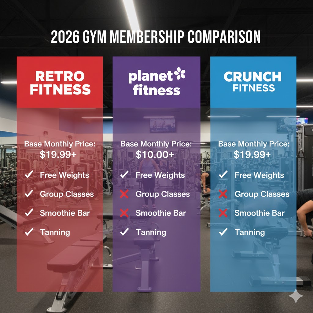Retro Fitness Prices & Membership Cost: Infographic comparing Retro Fitness, Planet Fitness, and Crunch Fitness on price, free weights, and tanning amenities.