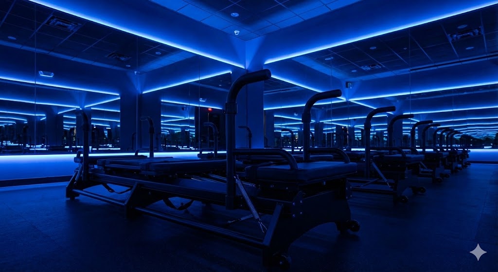 [solidcore] Prices 2026: Interior of a dark [solidcore] studio with blue neon lighting, showing rows of 'Sweatlana' resistance machines.