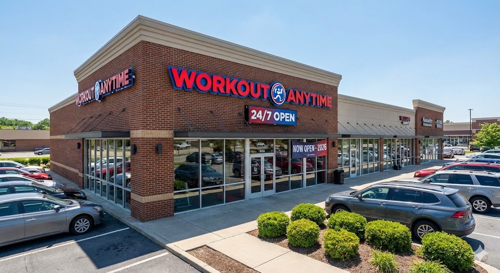 Workout Anytime Prices 2026: Exterior view of a Workout Anytime gym franchise in 2026, showing the 24/7 open sign and modern branding.