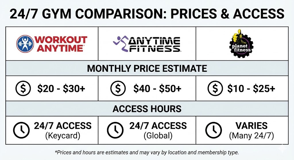 Workout Anytime Prices 2026:  Comparison infographic showing Workout Anytime vs Anytime Fitness vs Planet Fitness prices and access hours.