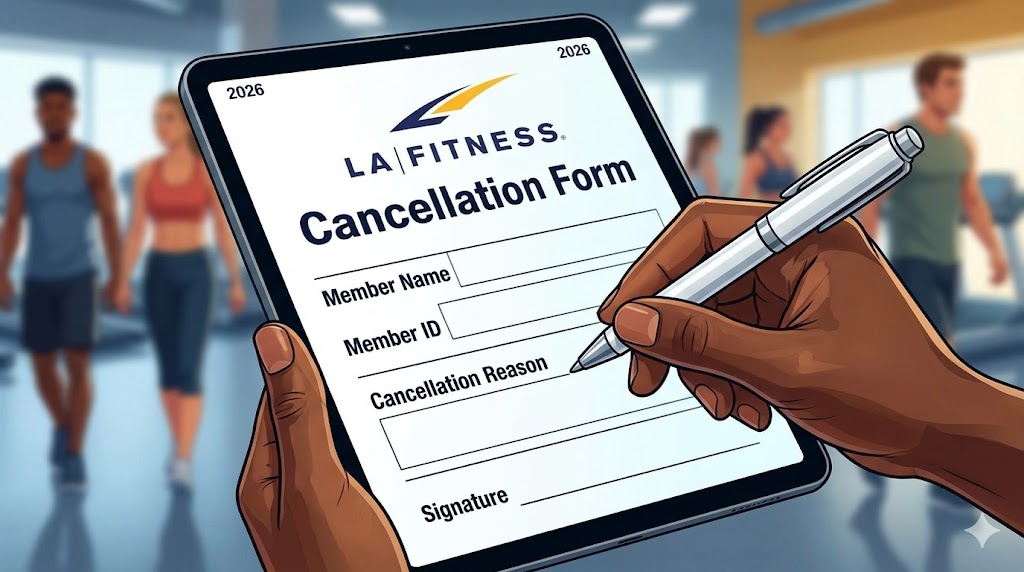 How to Cancel LA Fitness Membership: Step-by-Step Guide (2026): "LA Fitness cancellation form" on a tablet. It has fields like Member Name, Member ID, Cancellation Reason, and Signature.