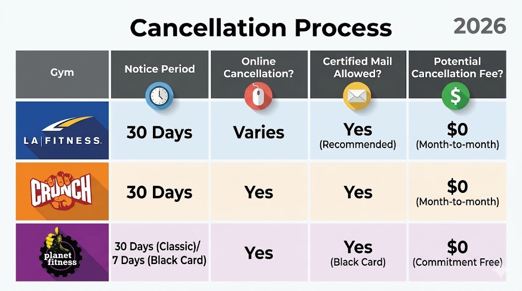 How to Cancel LA Fitness Membership: Step-by-Step Guide (2026): A clean, digital infographic chart comparing the "Cancellation Process" of LA Fitness, Crunch Fitness, and Planet Fitness in 2026. Columns: Gym, Notice Period, Online Cancellation?, Certified Mail Required?, Cancellation Fee?