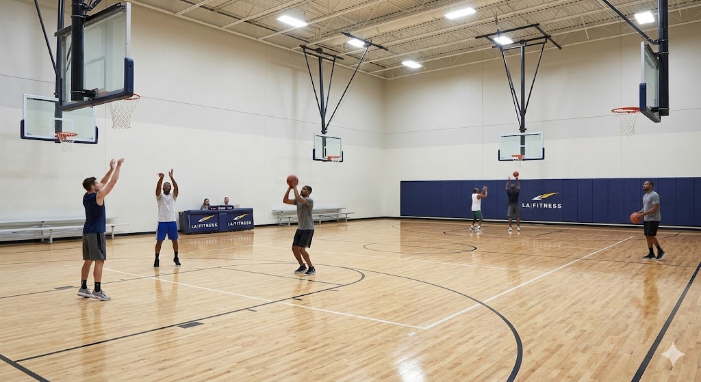 LA Fitness Prices 2026:  Interior view of a full-size indoor basketball court at LA Fitness with wooden floors and glass walls.