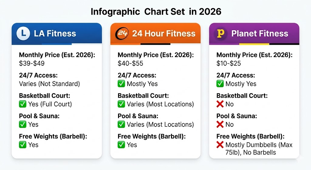 LA Fitness Prices 2026:   Comparison infographic: LA Fitness vs 24 Hour Fitness vs Planet Fitness regarding Price, Basketball Courts, and Hours.