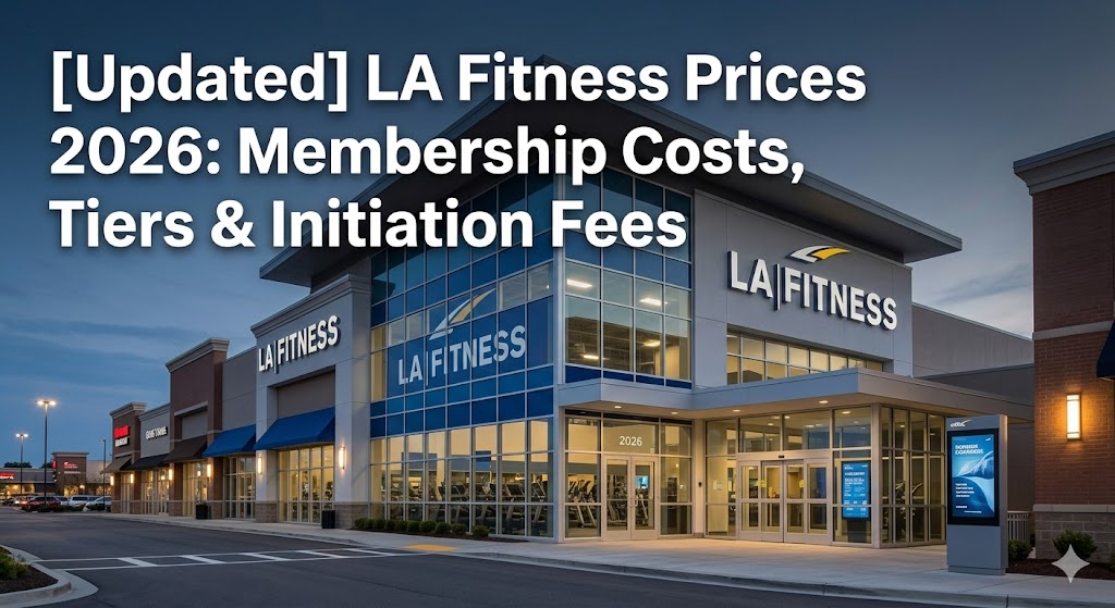LA Fitness Prices 2026: Exterior of a modern LA Fitness gym in 2026, featuring the signature glass facade and blue signage.